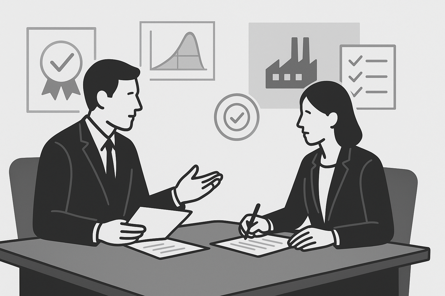 Supplier qualification meeting with documents, certifications, and checklist