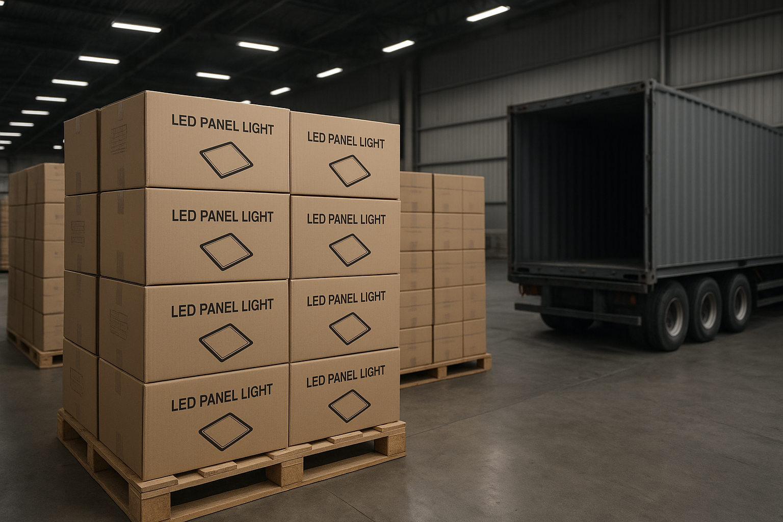 Pallets of boxed finished LED panel lights in a freight warehouse