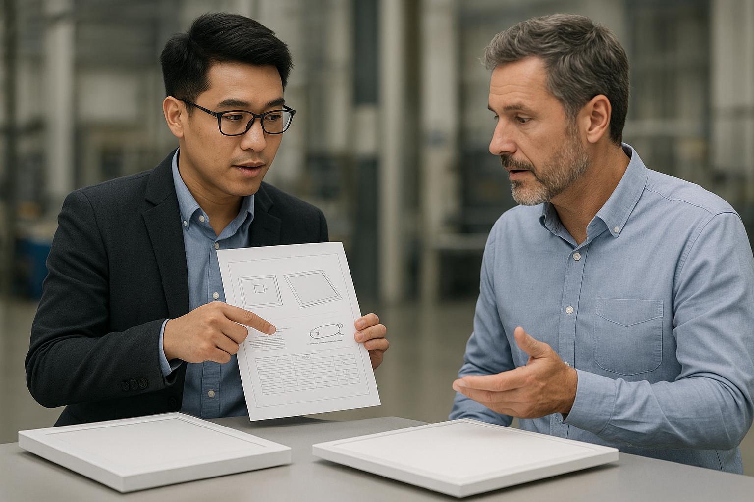 Factory and wholesaler reviewing LED panel SKUs and specs