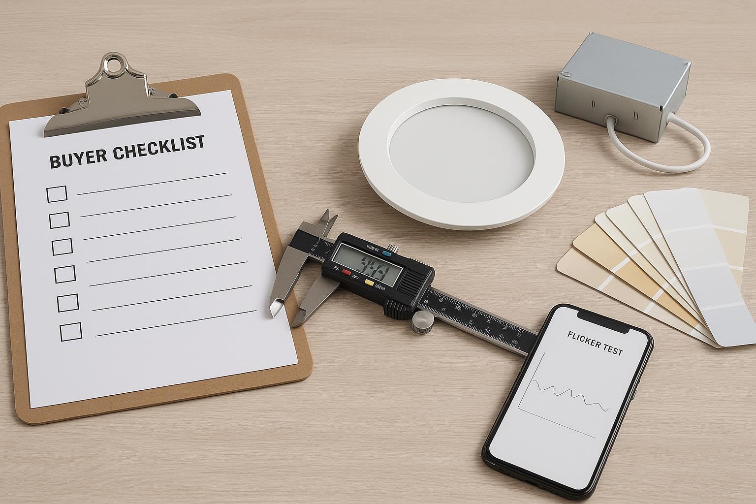 Photorealistic buyer checklist setup for evaluating adjustable cutout recessed LED panel lights