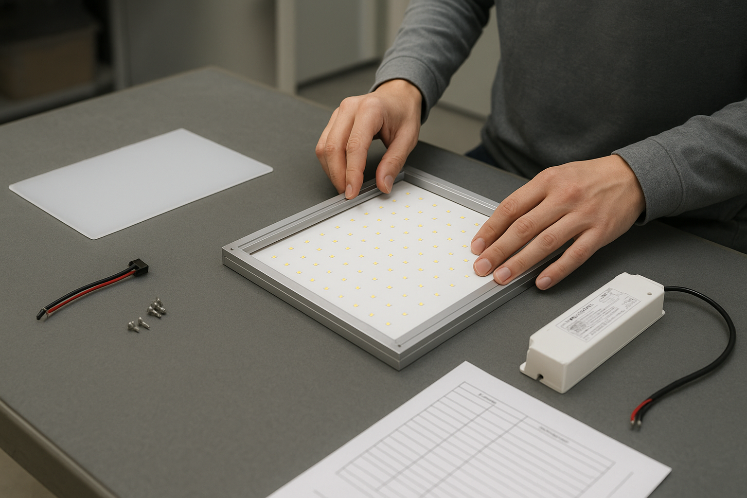 LED panel light CKD/SKD kit components laid out for assembly