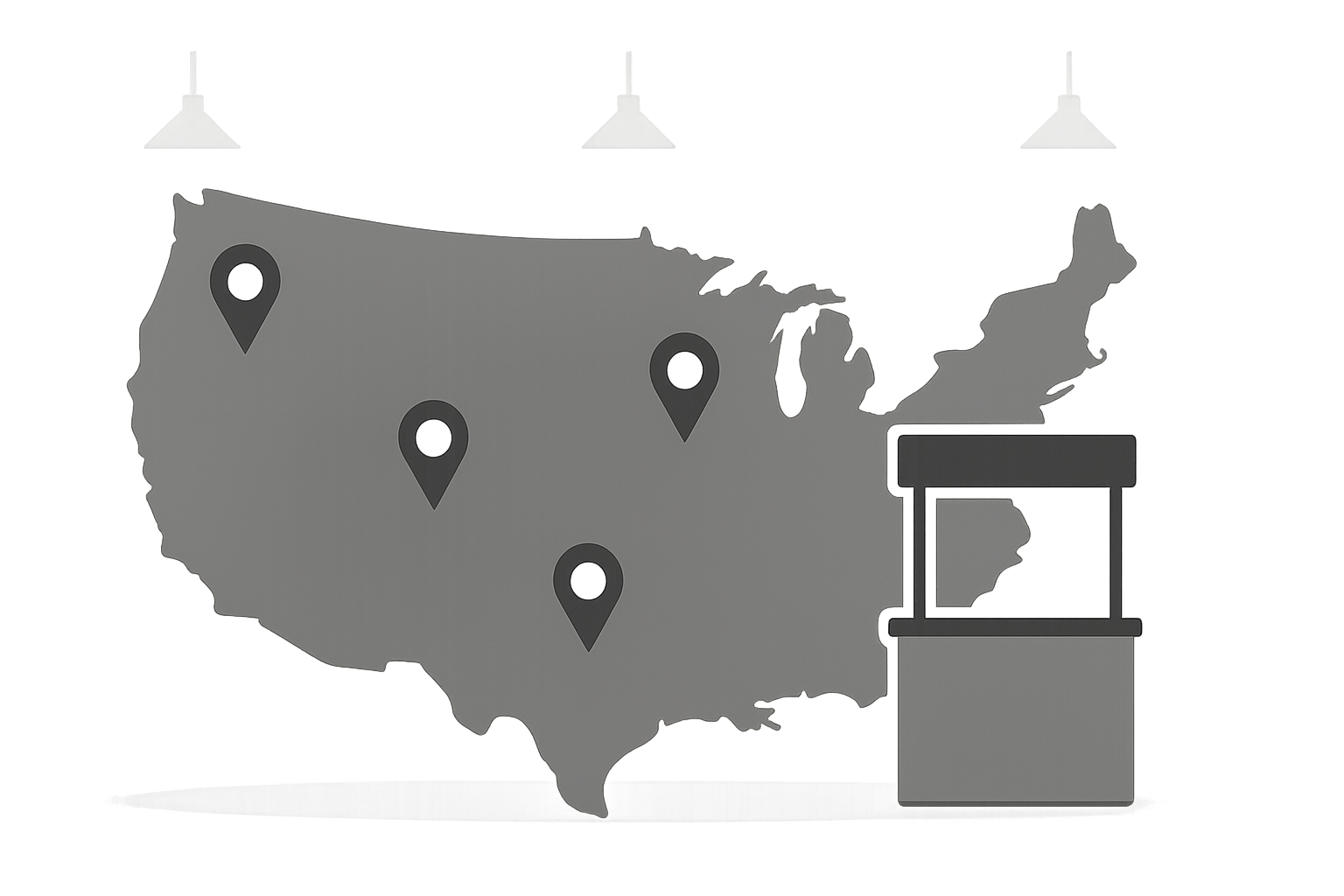 US lighting trade shows map with location pins and booth icon
