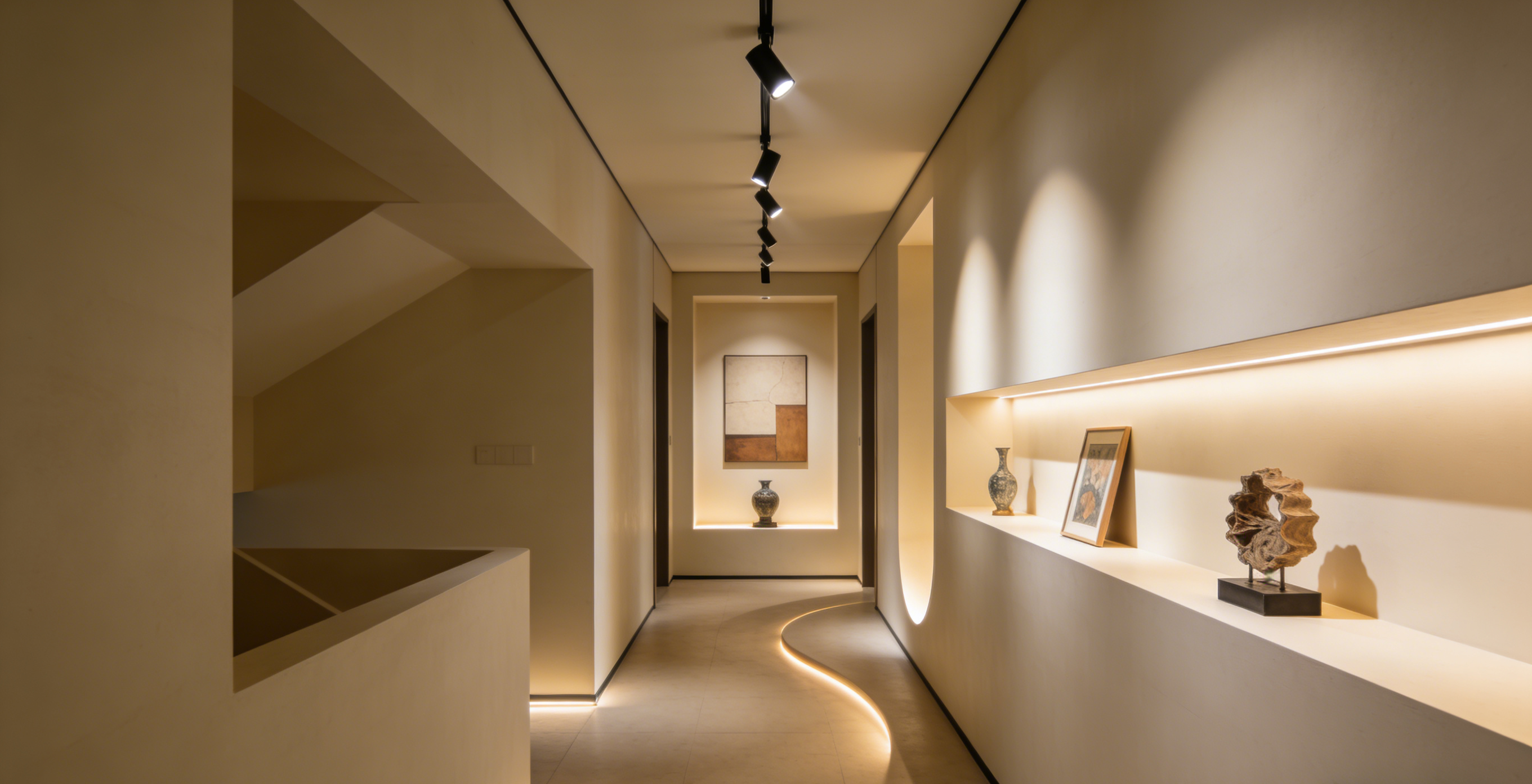 In corridors, if there are obstacles or recesses, track lights or adjustable lights are usually used.