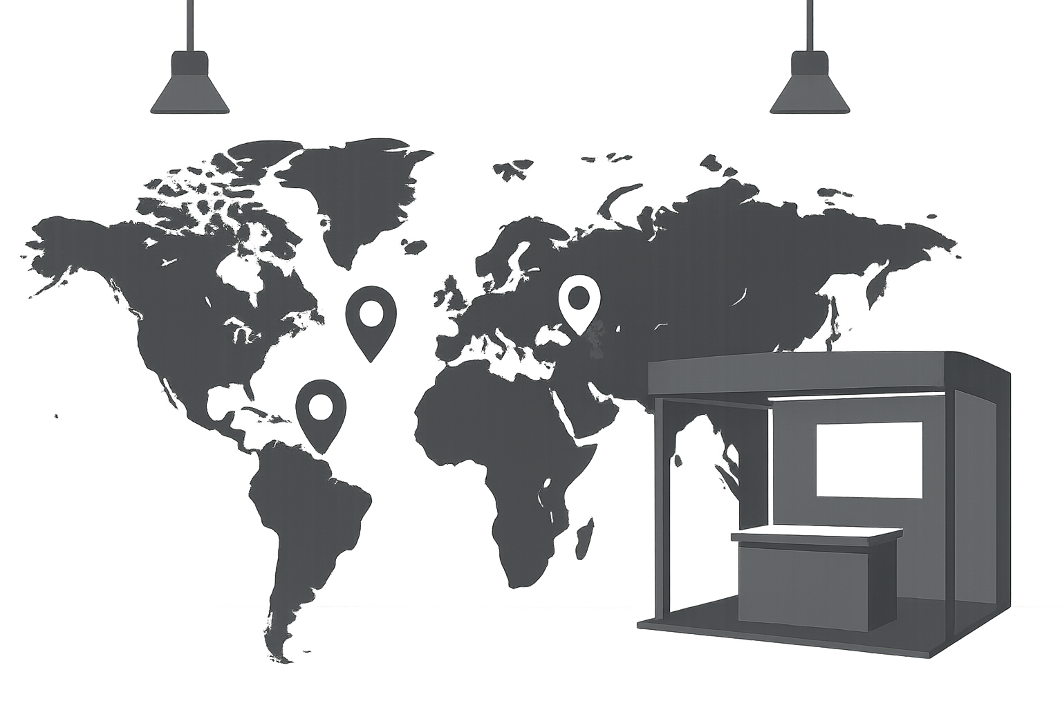 Global lighting exhibitions map with pins and exhibition hall icon