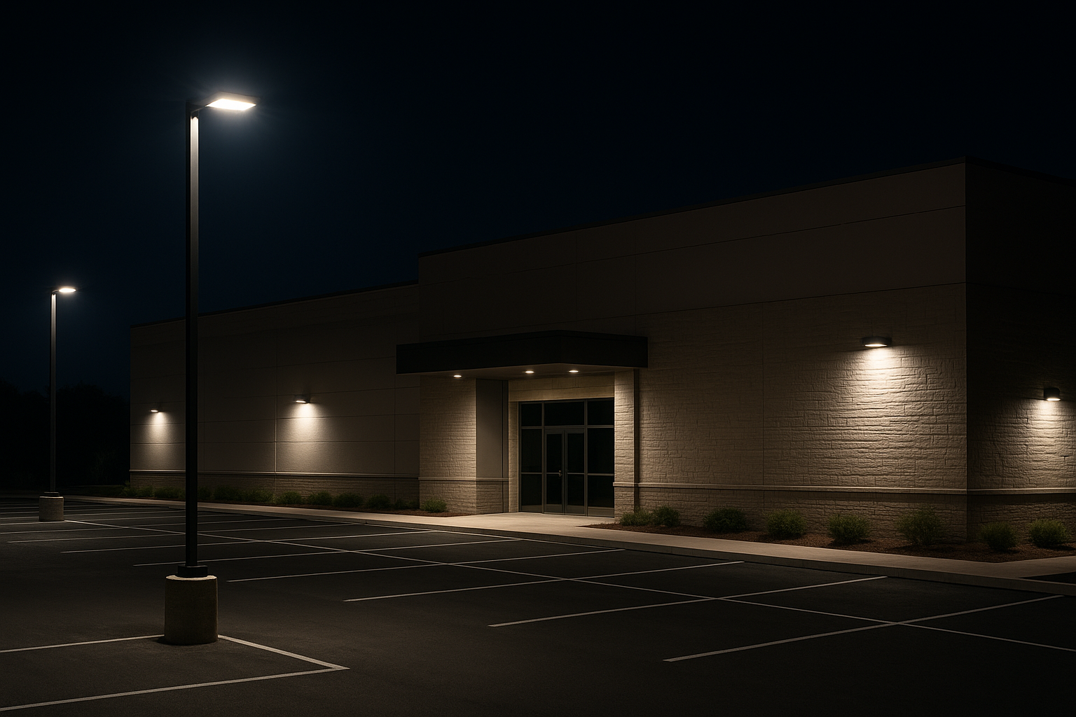 Outdoor commercial site showing different LED lighting scenarios like parking lots, building perimeter, canopies, and signage