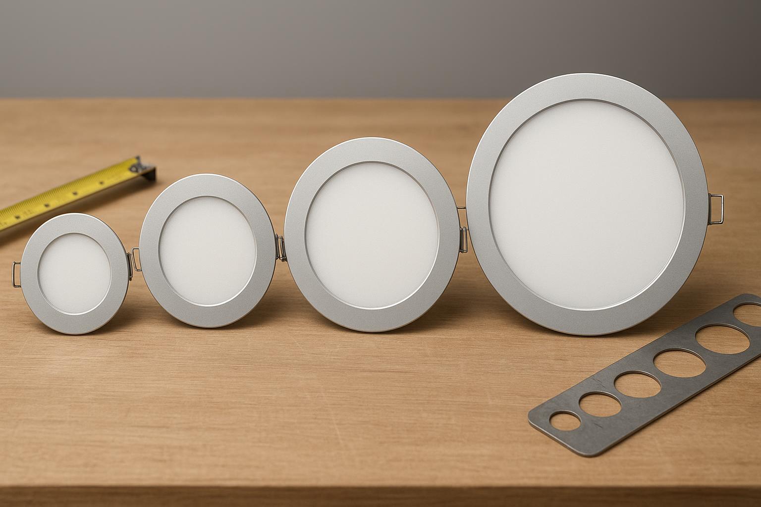 Photorealistic comparison of recessed LED panel light sizes with measuring tools to illustrate cutout ranges
