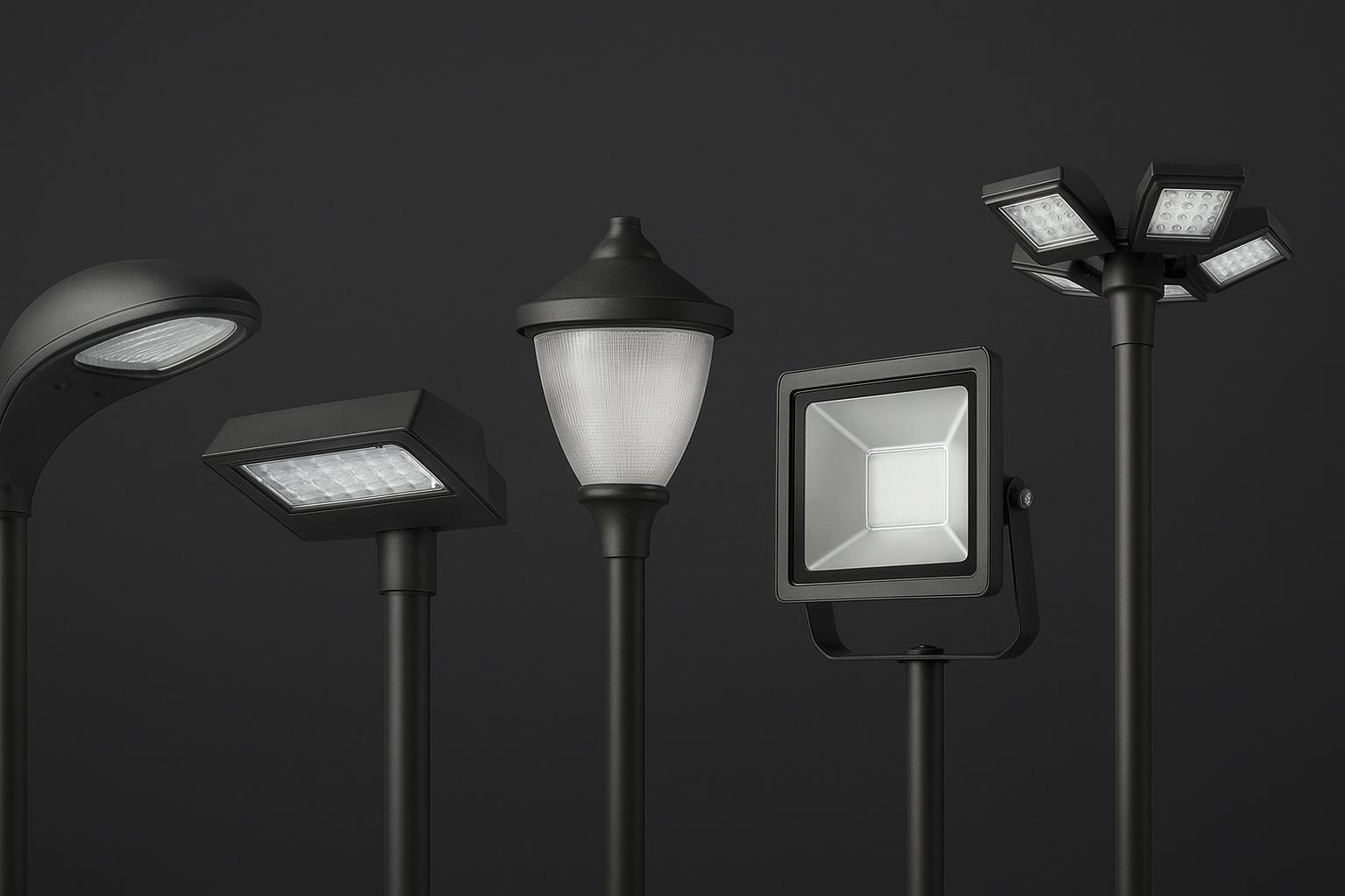 Outdoor luminaire form factors: cobrahead, shoebox area light, post-top, floodlight, and high-mast cluster