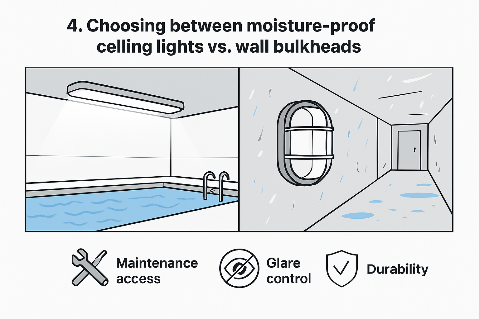 Side-by-side comparison of moisture-proof ceiling fixtures vs wall bulkheads for pool environments