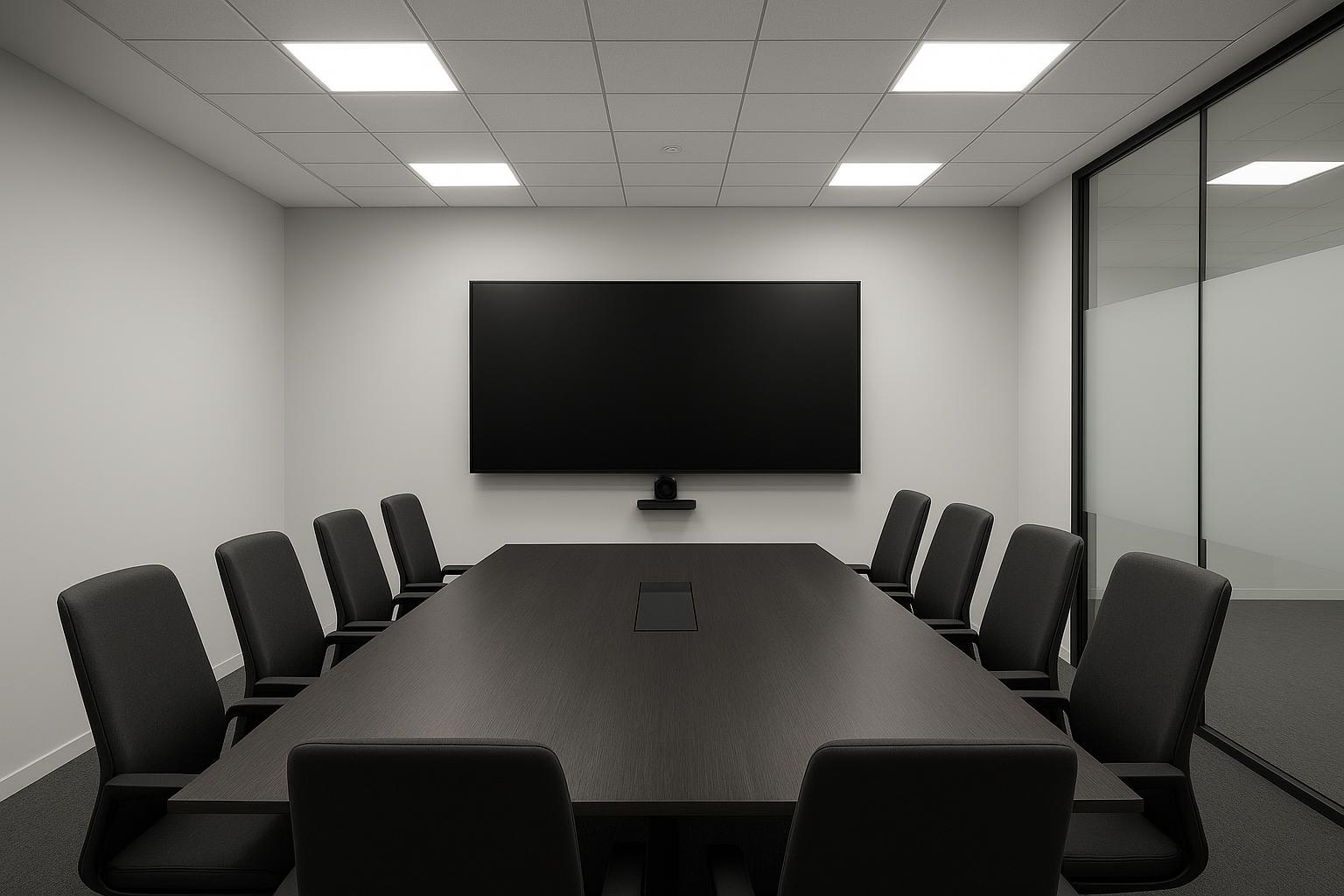 פנל LED בוהק נמוך בחדר ישיבות מודרני עם ועידת וידאו