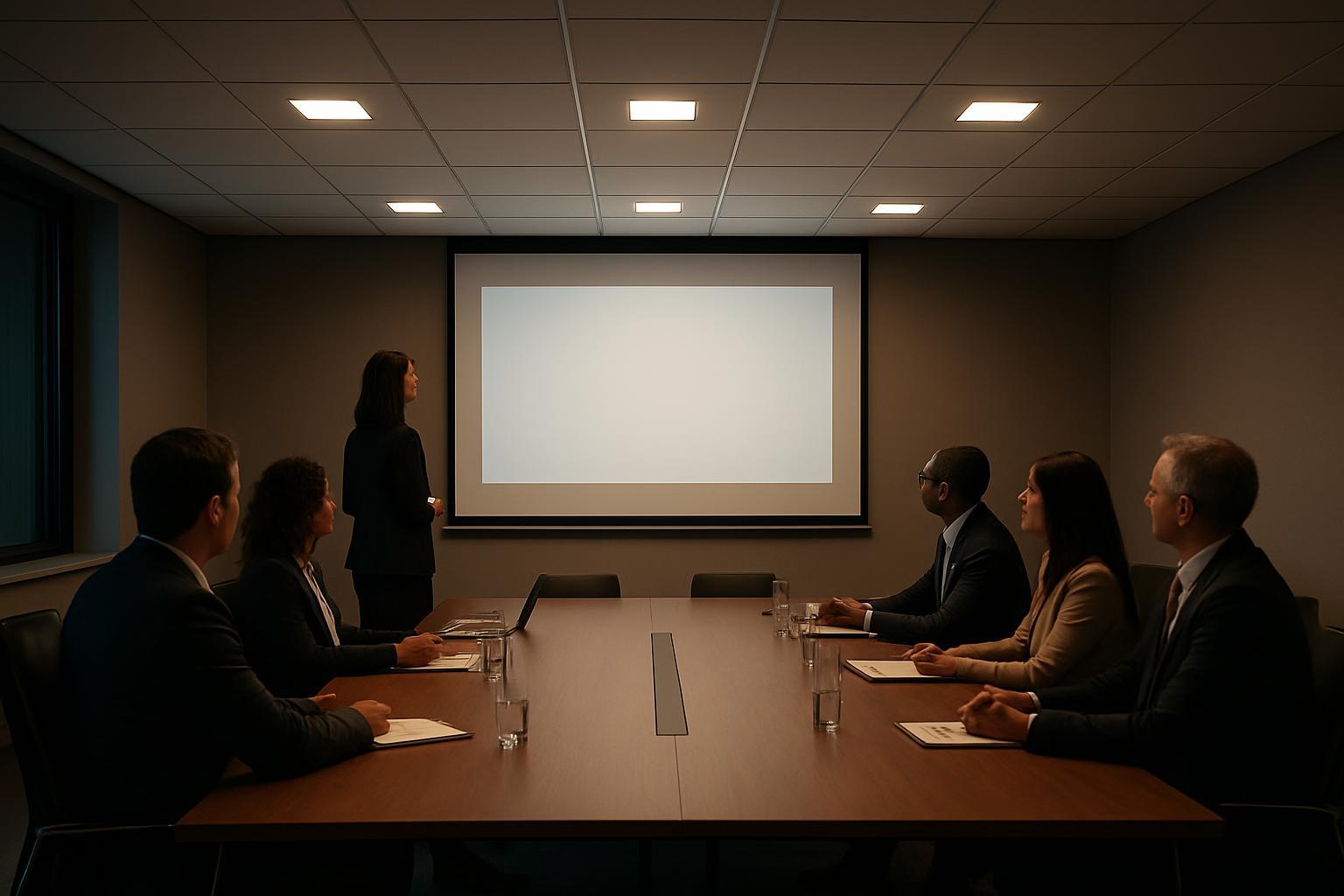 G&ouml;mme kare panel ışıklarının ekran kullanımı i&ccedil;in kısıldığı sunum odası