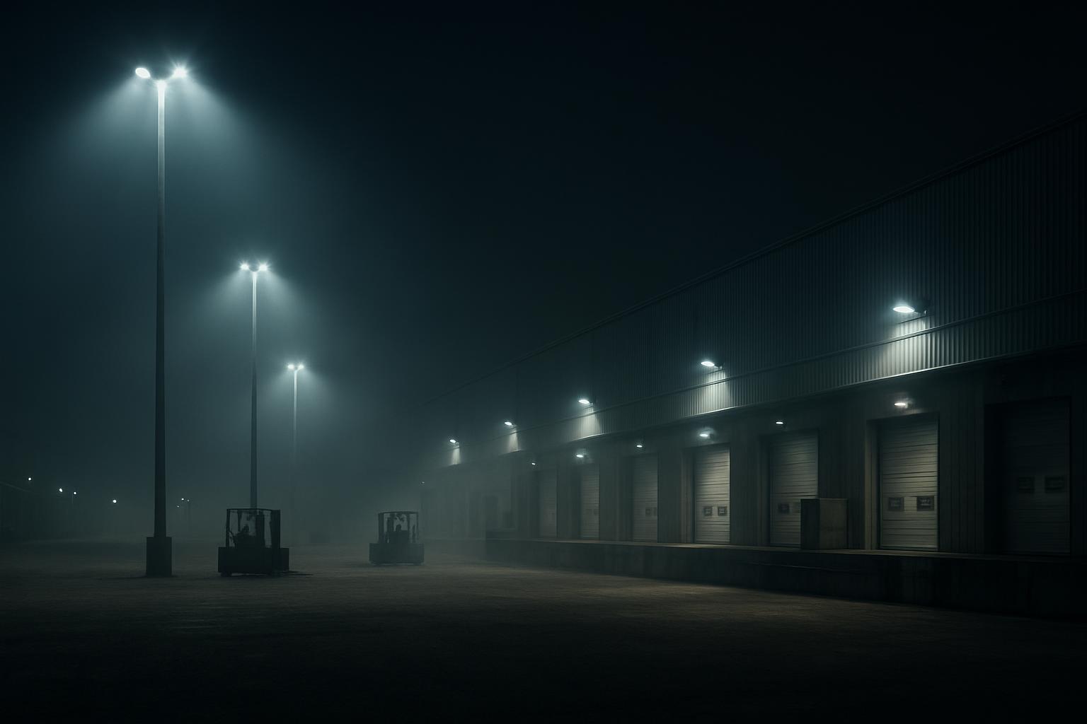 Industrial warehouse yard at night with floodlights illuminating loading bays, photorealistic application scene