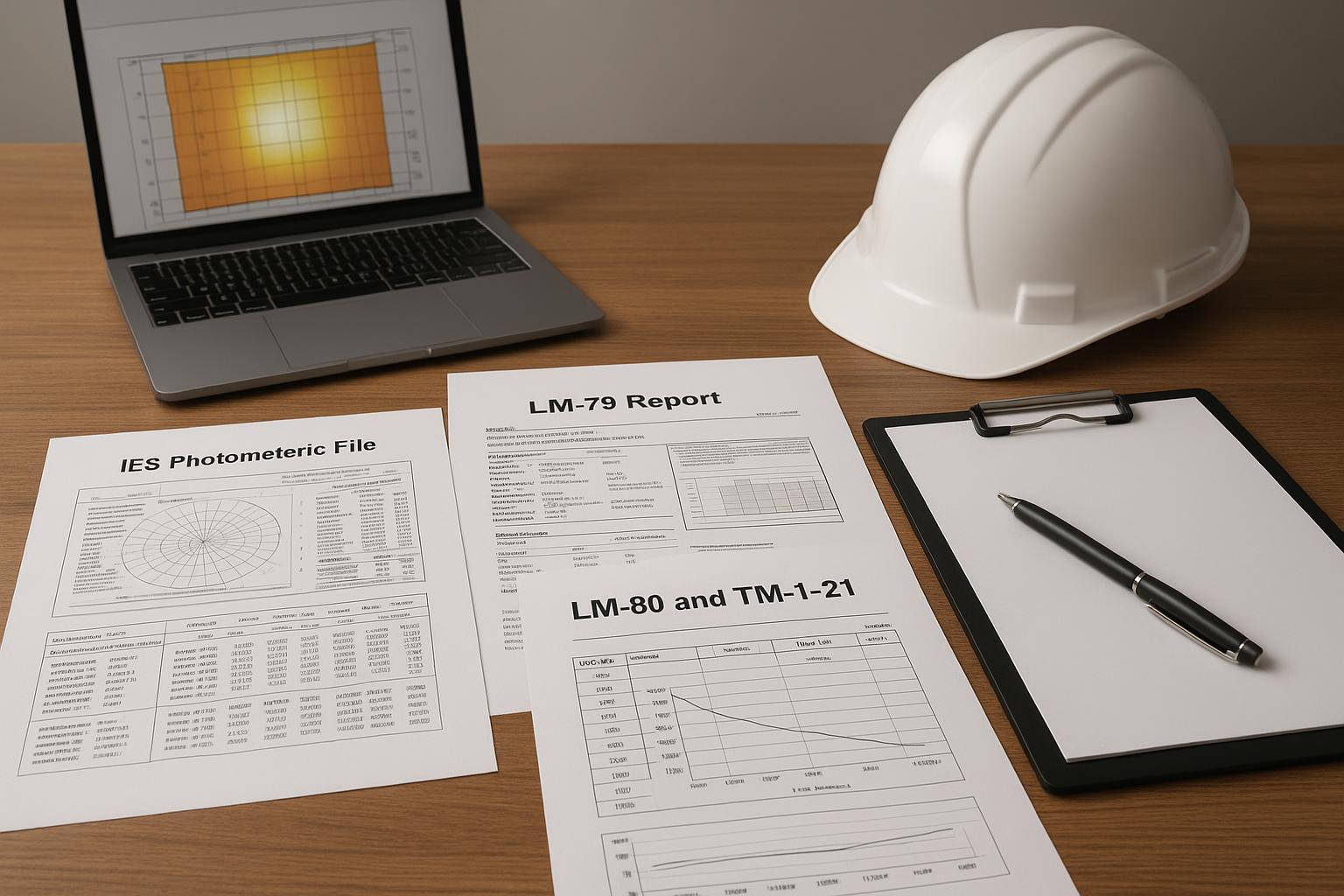 Lighting procurement documentation: IES files, LM-79 report, LM-80 and TM-21 documents, and a laptop lighting simulation
