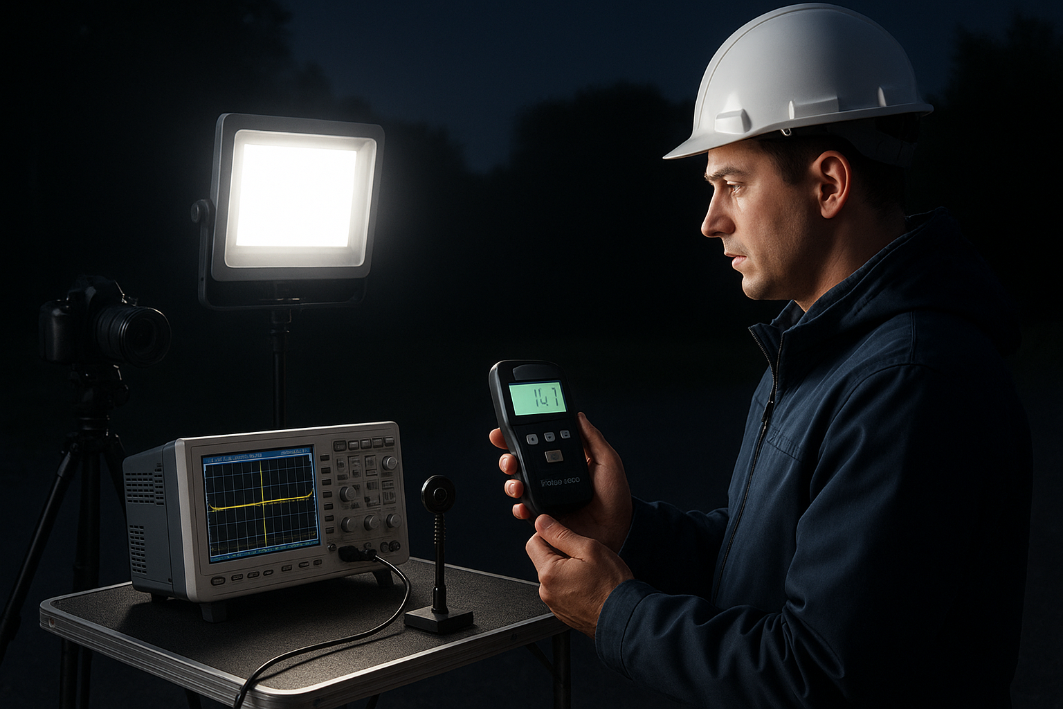 On-site flicker testing with flicker meter, oscilloscope, and camera