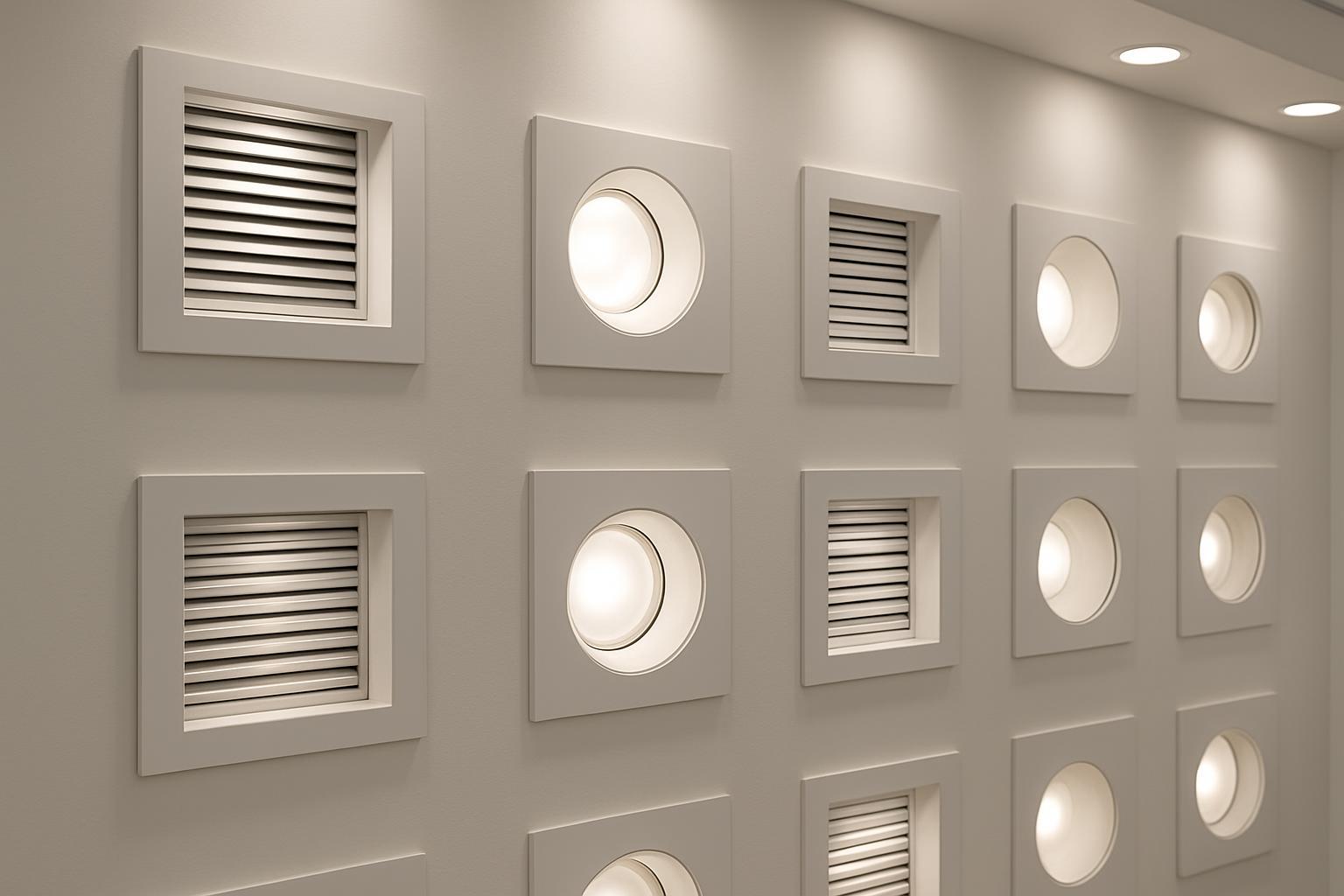 다양한 눈부심 방지 광학 접근 방식을 시연하는 조명 쇼룸