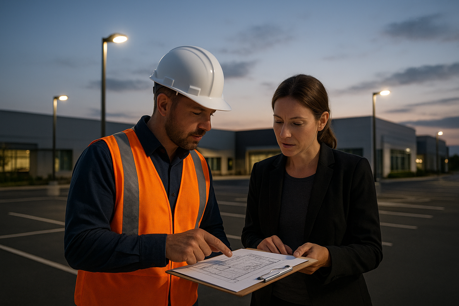 Contractor and specifier reviewing a lighting plan for a commercial site at dusk, considering mounting heights, spacing, and controls