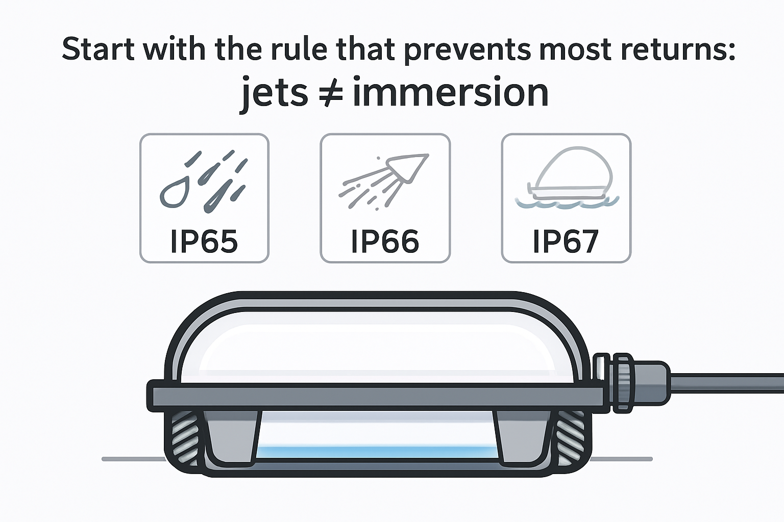 Illustration comparing water exposure types for IP65, IP66, and IP67 around a sealed pool light