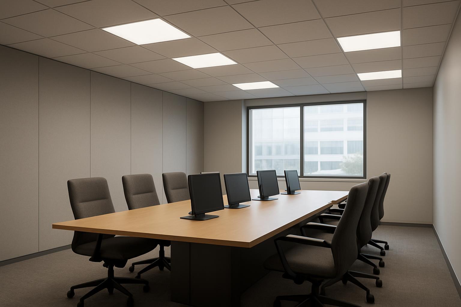 모니터와 눈부심이 적은 천장 조명을 갖춘 현대적인 회의 공간