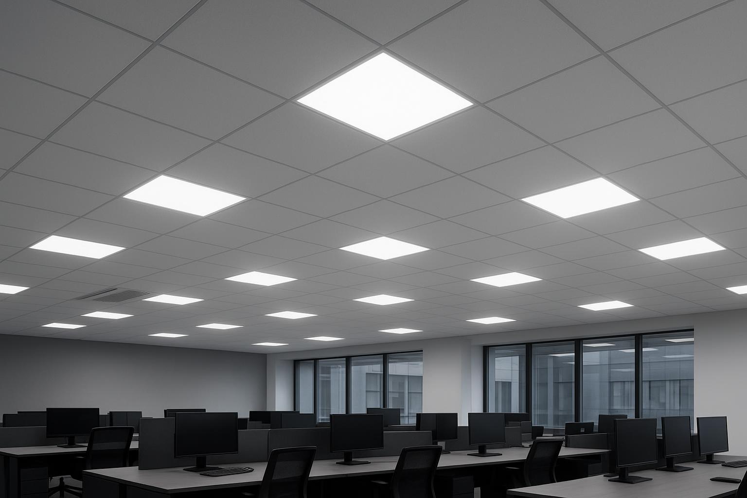 תקרת משרד תאורת פאנל LED בסביבת עבודה מודרנית ארגונית