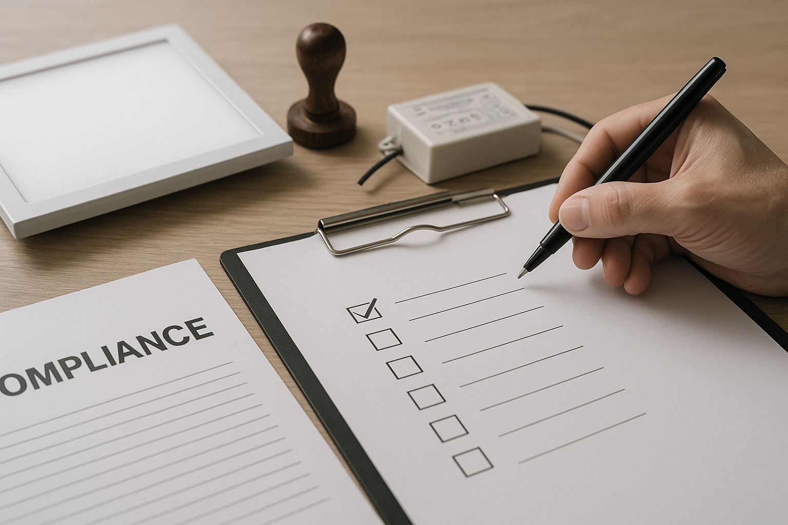 Compliance checklist and certification documents beside LED panel light components