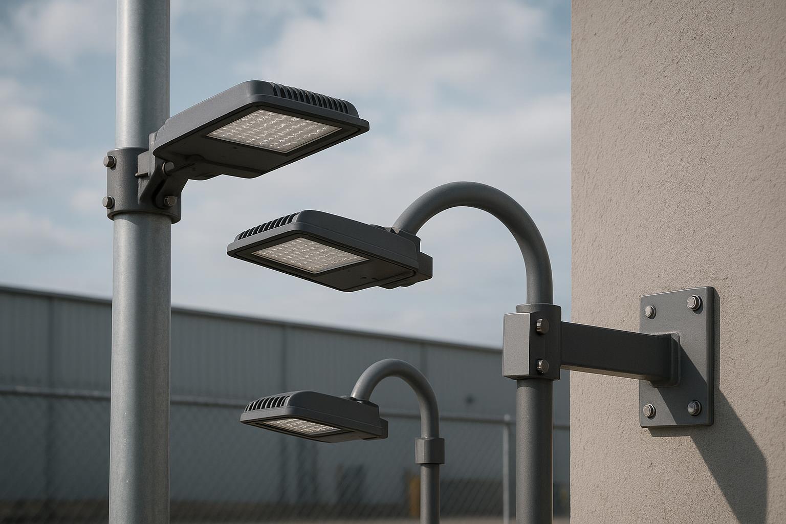 LED parking lot light mounting methods: slipfitter, arm mount, and wall bracket examples