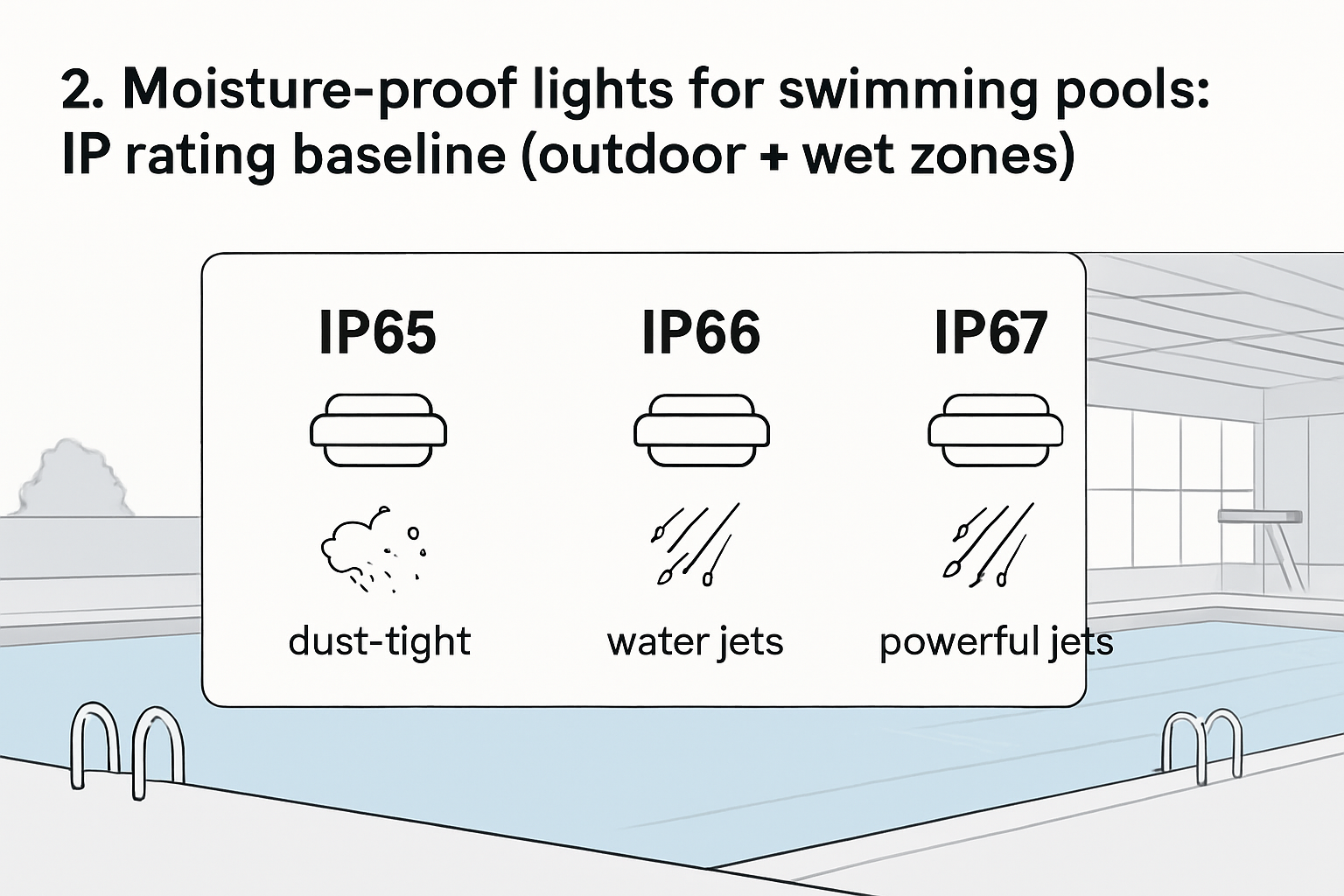 Infographic showing IP65, IP66, and IP67 as baselines for outdoor and wet-zone pool lighting