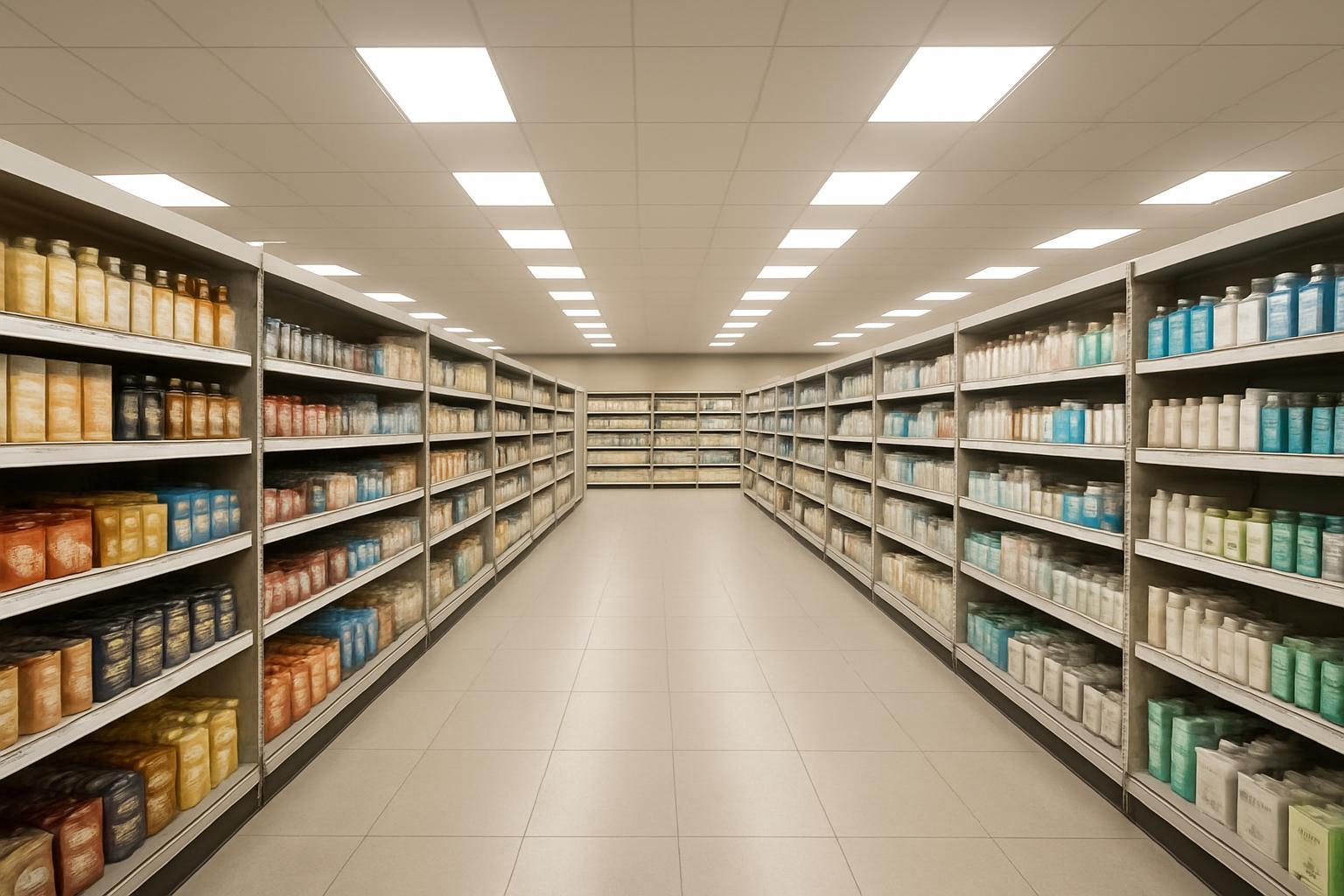 슬림하게 매립된 초박형 패널 조명을 보여주는 천장 클로즈업