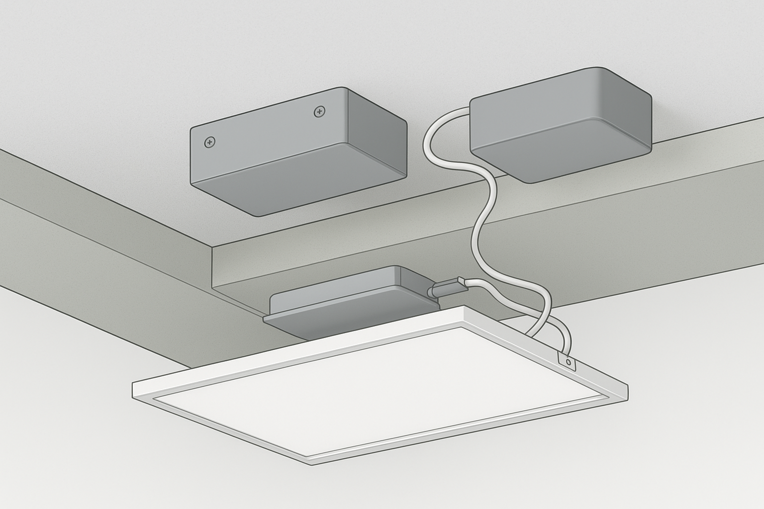 Surface-mount LED panel installation context showing ceiling and driver placement