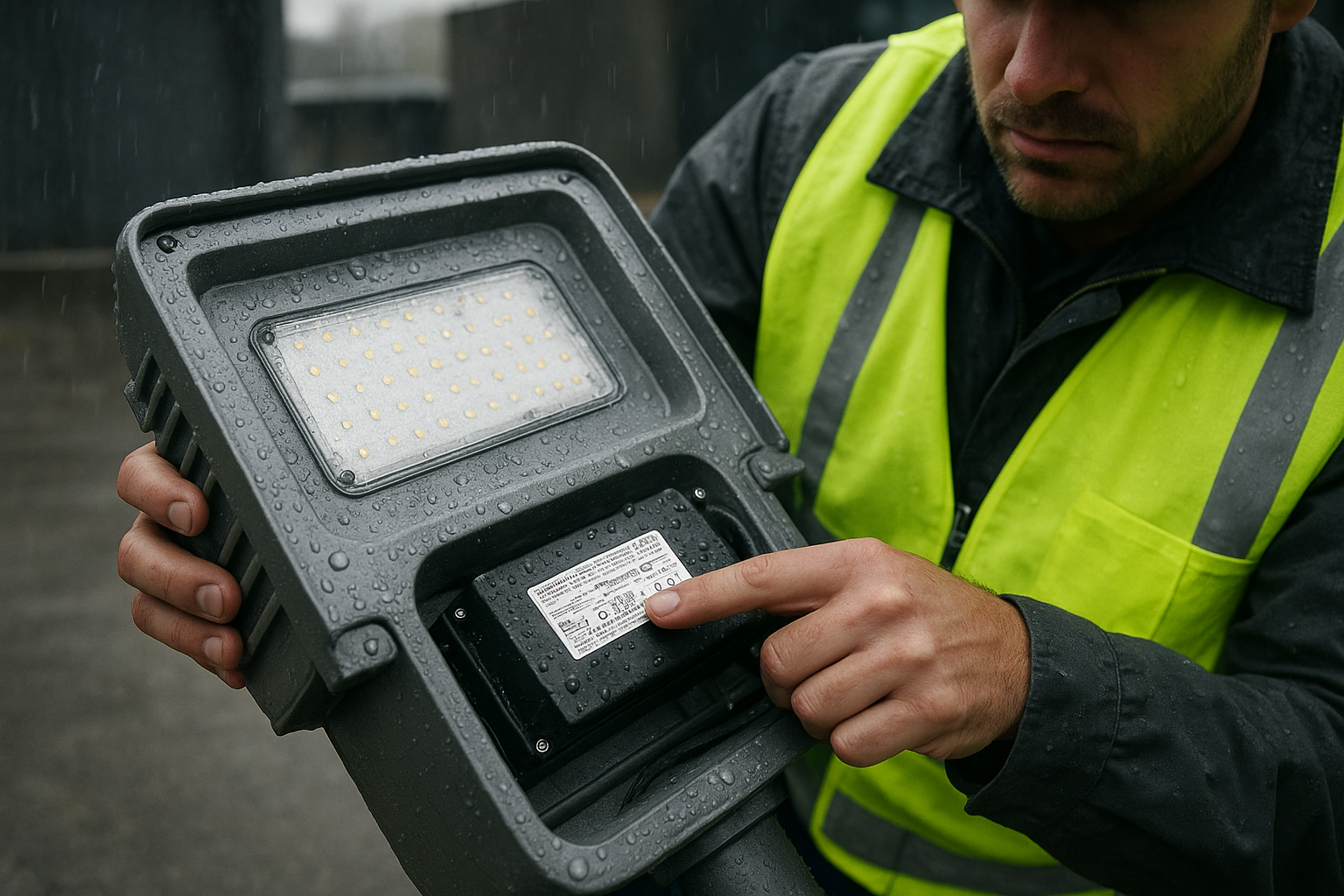 Technician inspecting an IP-rated outdoor LED fixture in the rain, checking driver and housing details for durability and protection