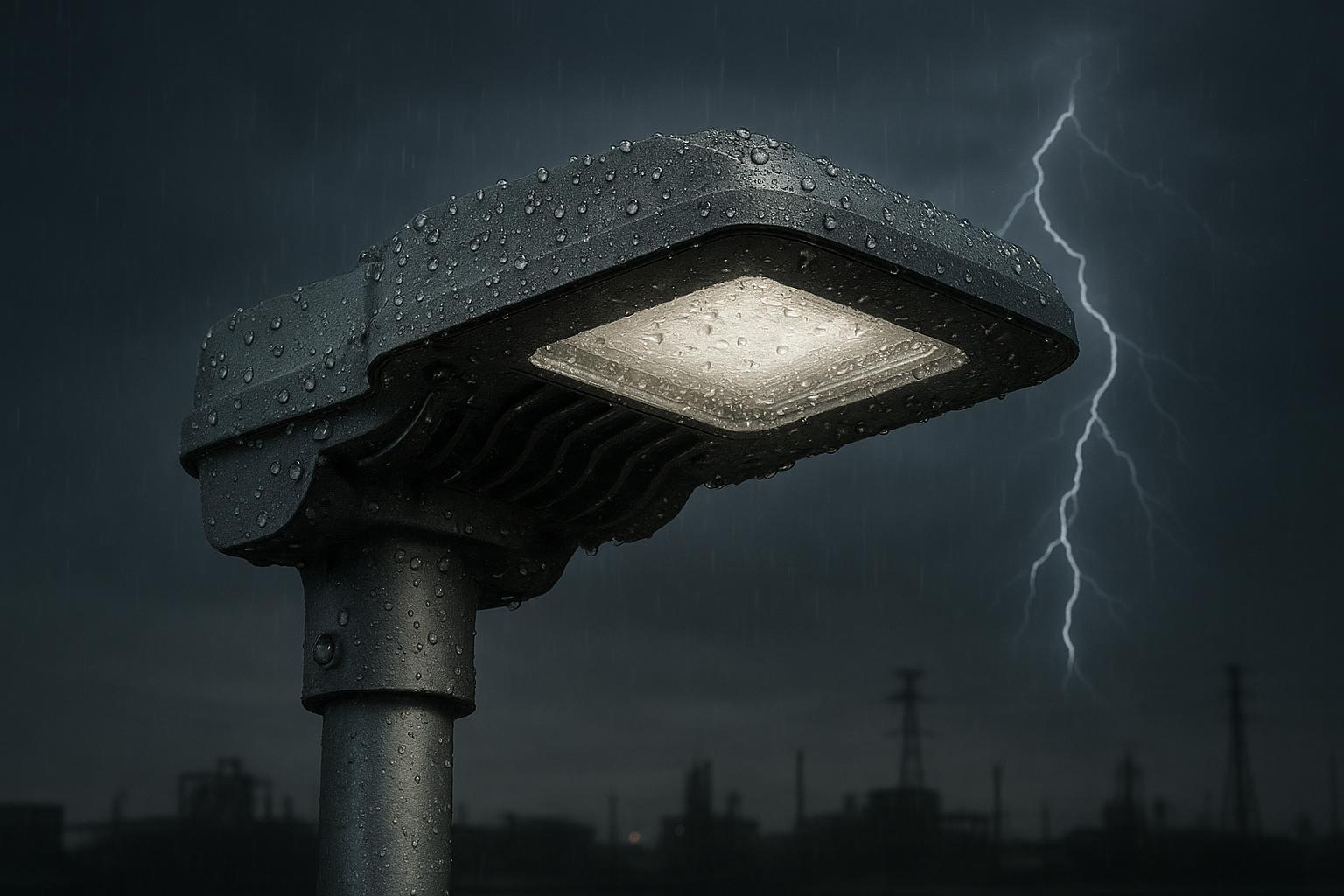 Outdoor luminaire durability package concept: sealed IP housing, surge resilience, thermal fins, and corrosion resistance
