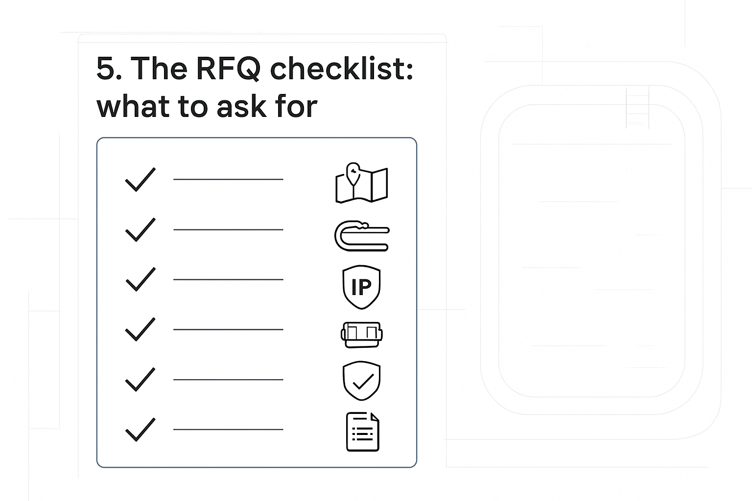 RFQ checklist icons for specifying moisture-proof pool lighting by zone and cleaning method