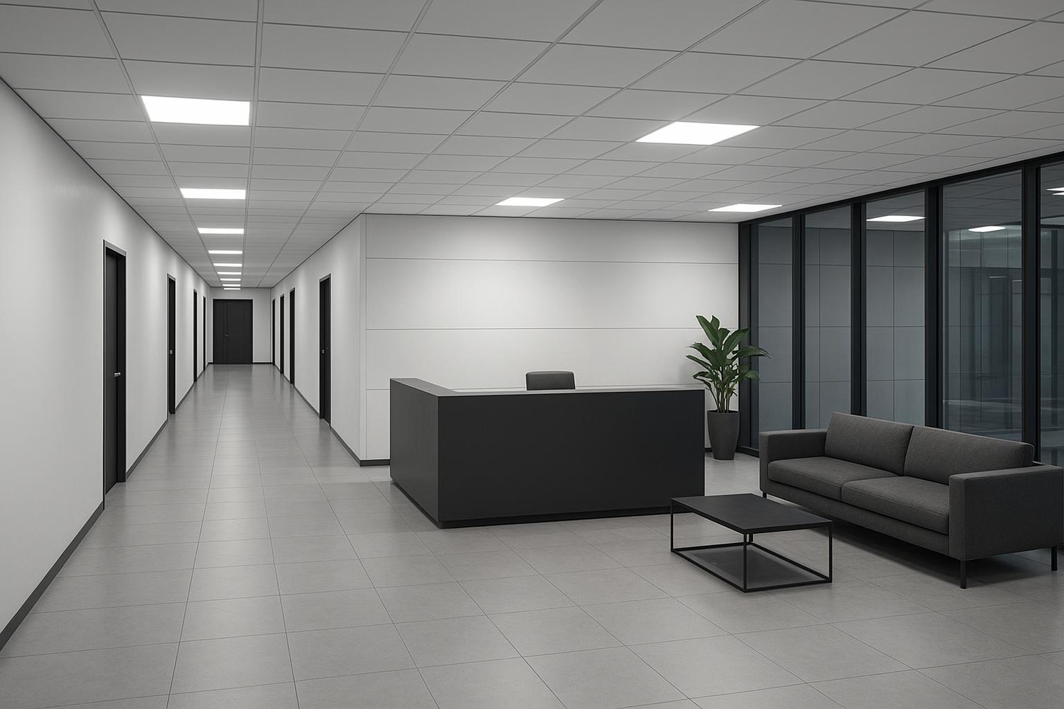 מסדרון משרדים ואזור קבלה עם פנסי לד תקרה