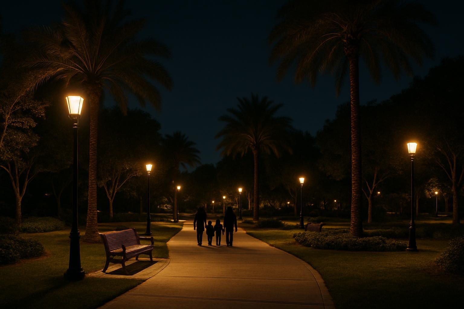 Public park walkway at night with area lighting and palm trees, photorealistic application scene