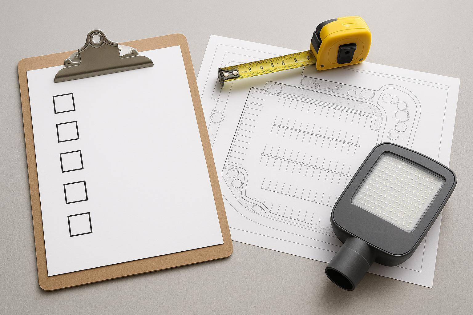 Procurement checklist concept: site plan, clipboard checkboxes, measuring tape, and an LED luminaire sample