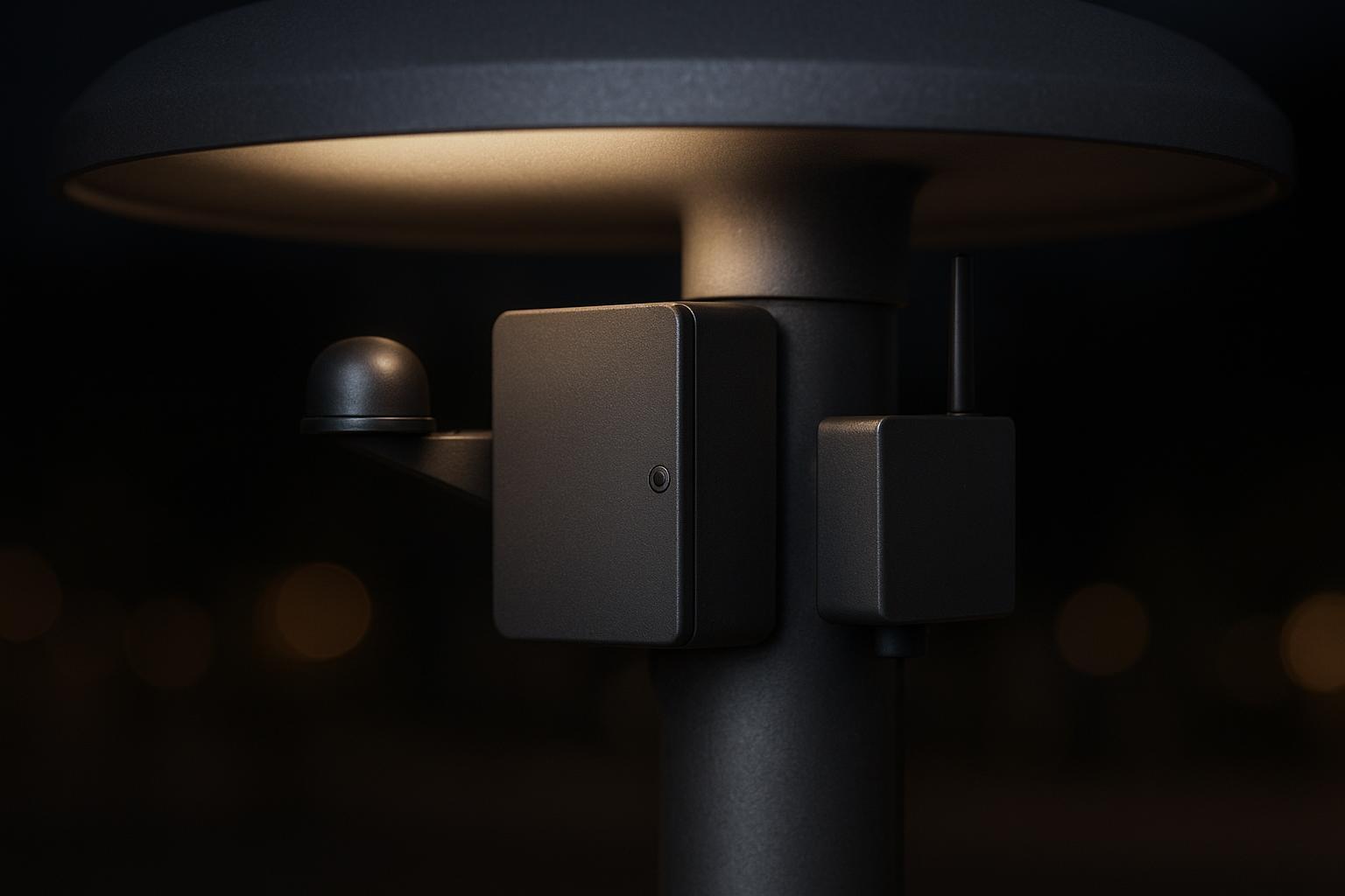 Outdoor lighting controls readiness: photocell sensor, dimming driver compartment, and network node on a pole light