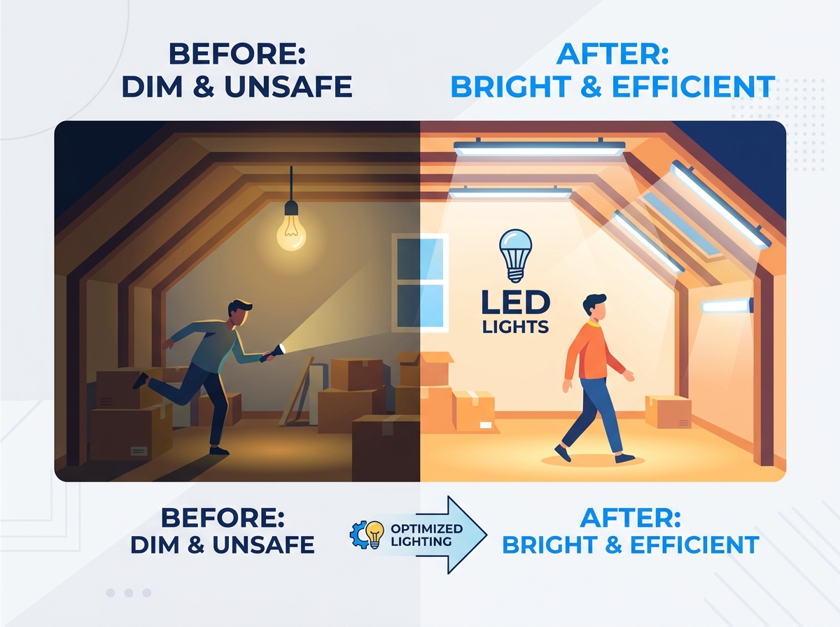 Attic LED lighting installation and optimization