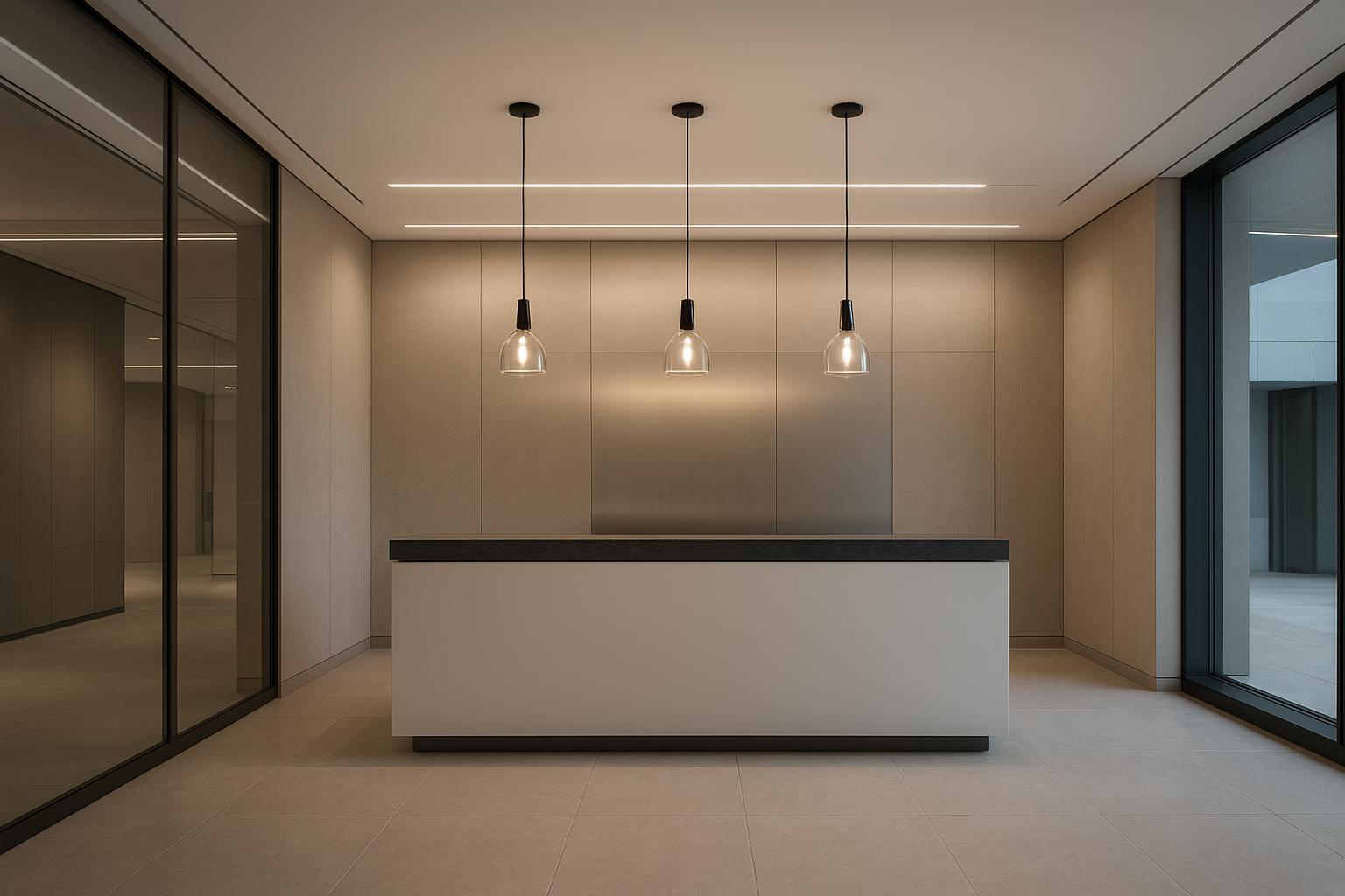 Modern office ceiling with recessed downlights and linear lighting