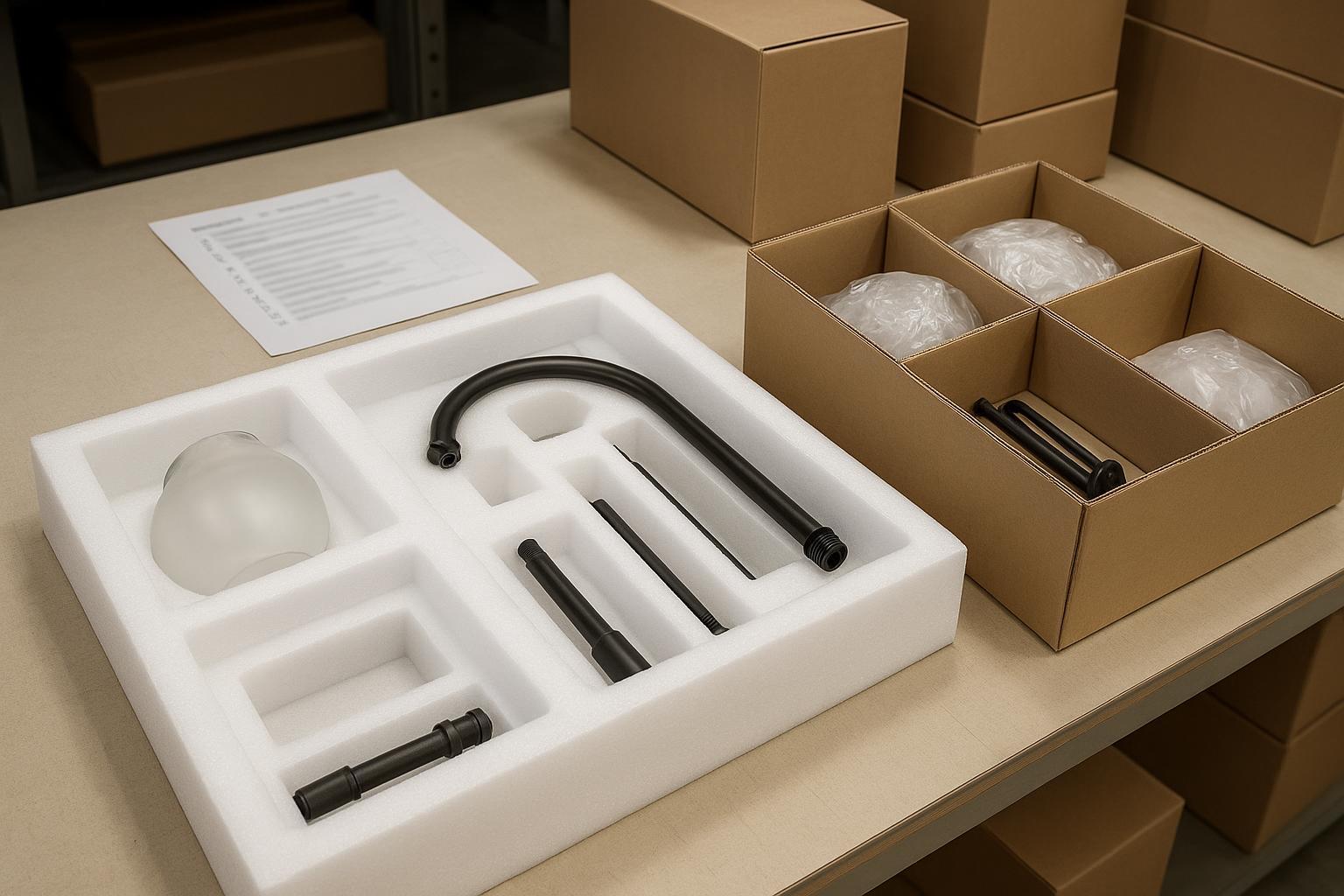 Modular chandelier parts protected in packaging with organized kitting for faster assembly