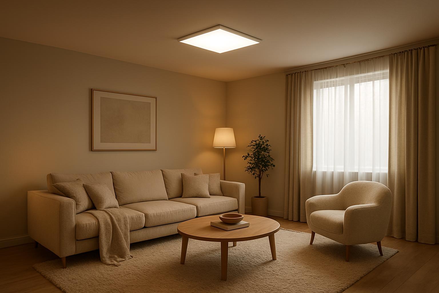 Cozy residential living room with warm ambient ceiling panel light