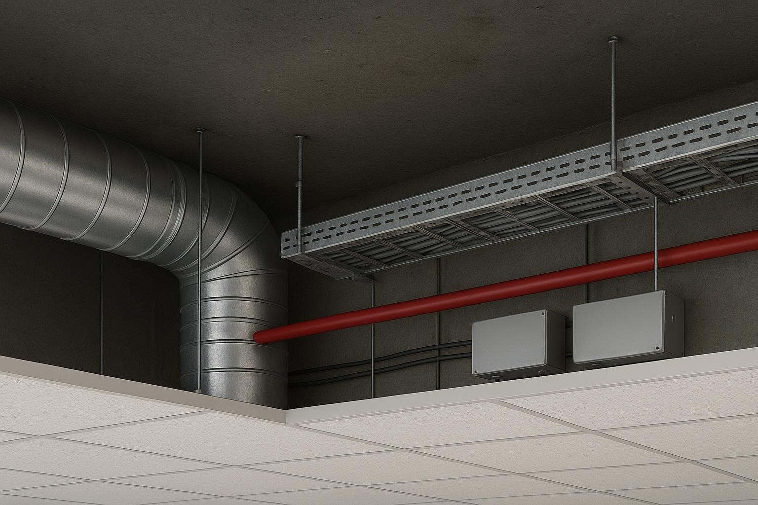 Commercial ceiling plenum with HVAC, sprinklers, and cable trays above a drop ceiling