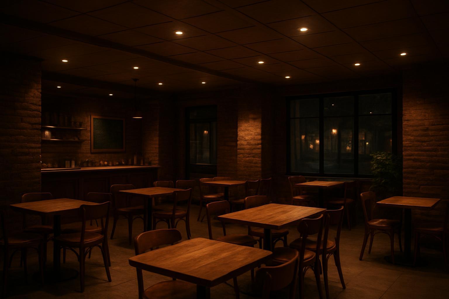 Cozy cafe interior with warm ambient lighting, wide shot