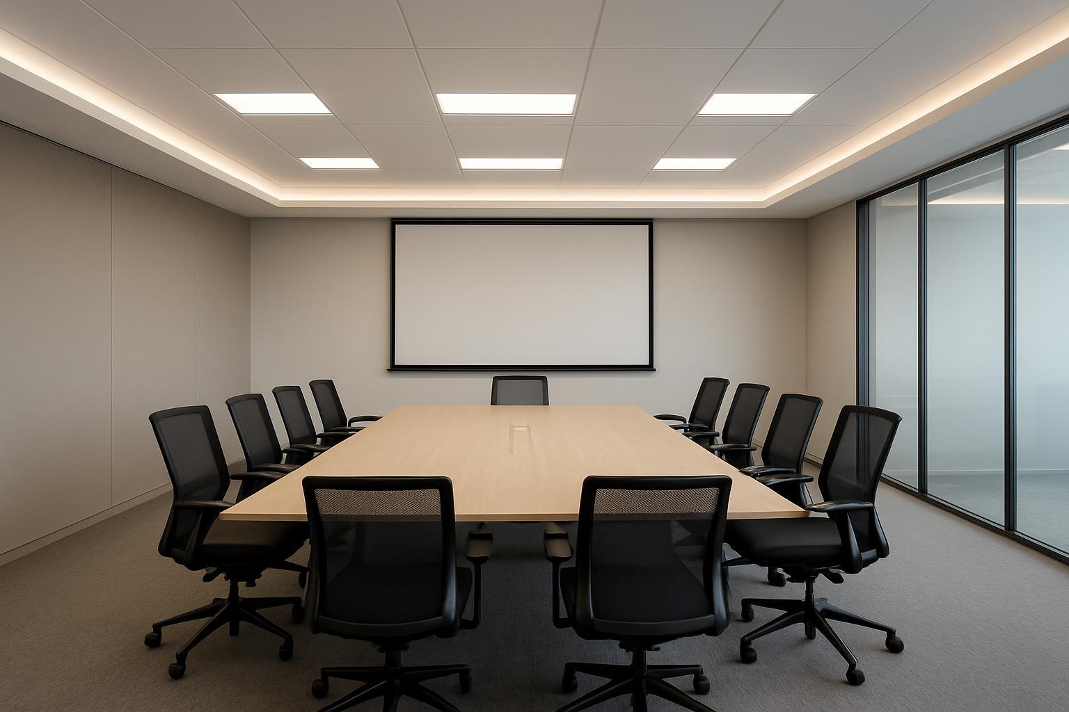 Modern meeting room with bright, functional lighting and a calm atmosphere