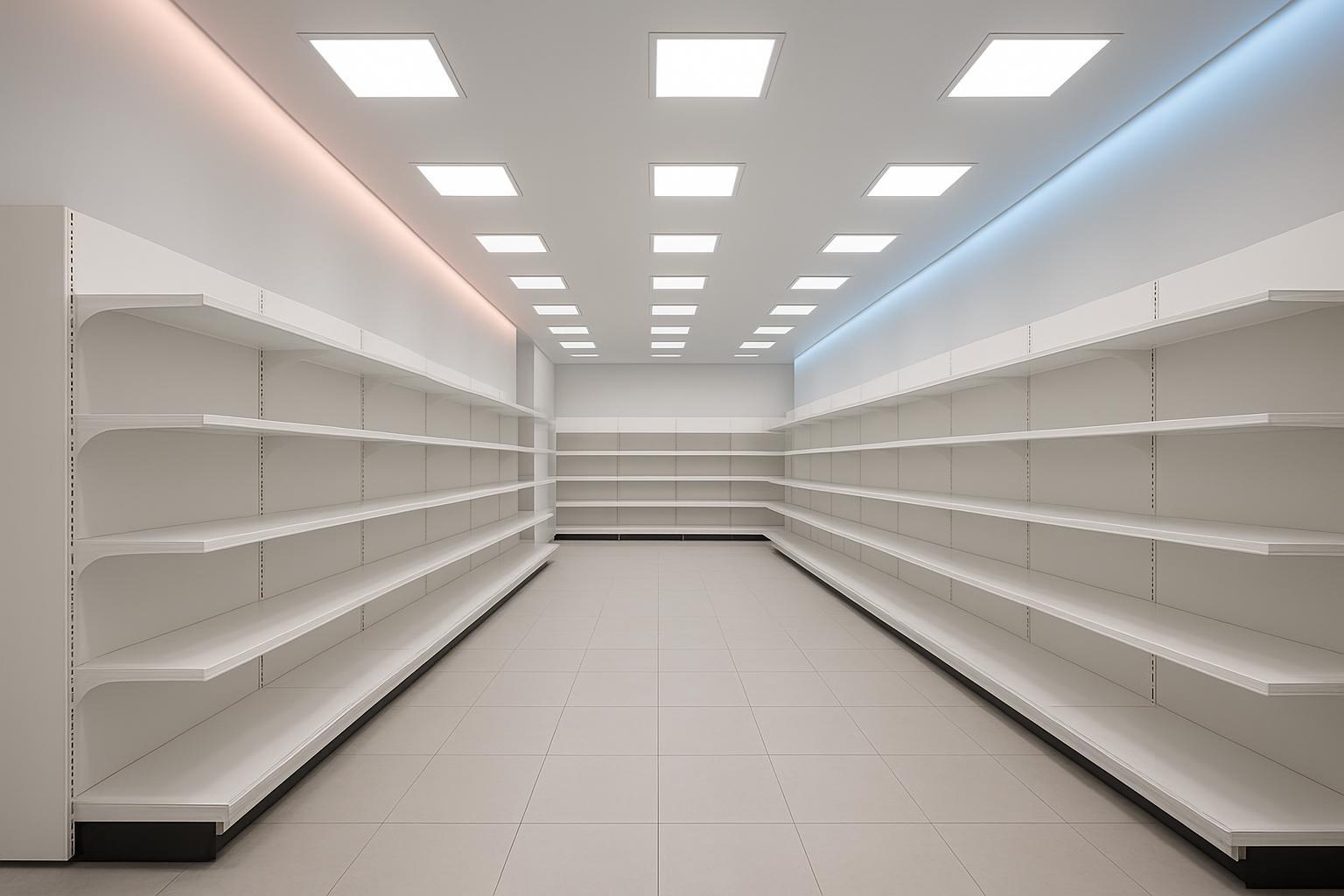 Minimalist retail interior with ceiling panel lights and subtle accent glow