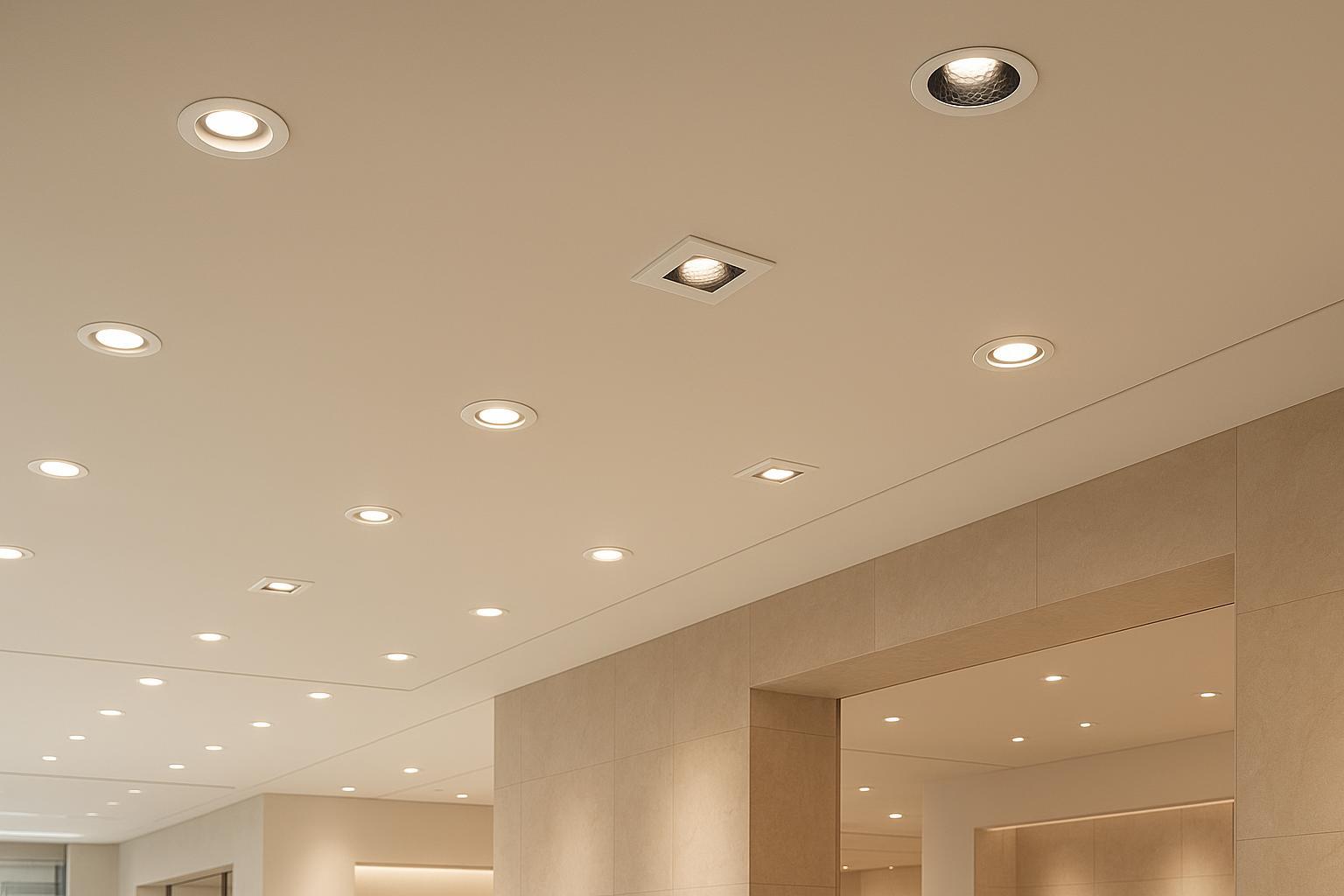 Modern retail ceiling with recessed LED downlights showing round and square trims
