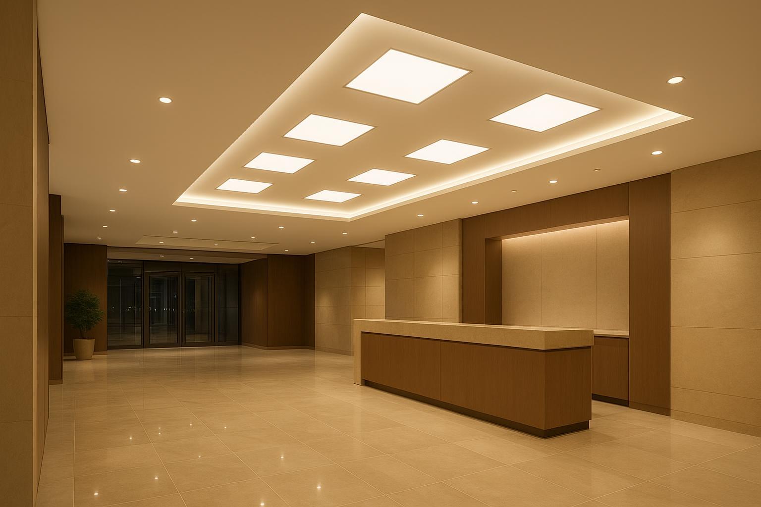Photorealistic commercial lobby ceiling lighting with recessed LED panel lights
