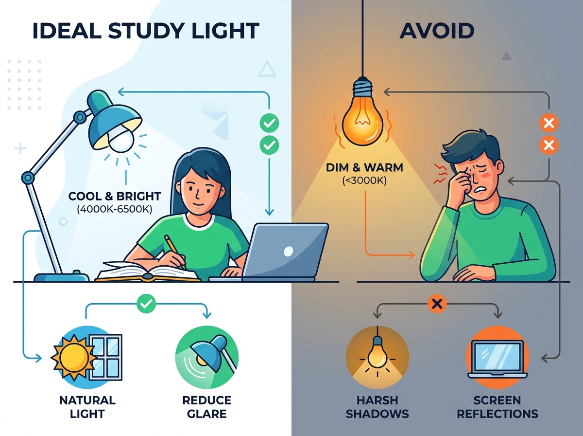 Optimal desk setup featuring layered lighting for studying