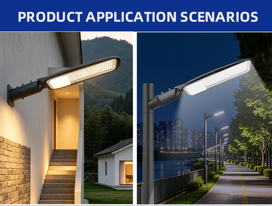 Demonstration of KEOU streetlights installed on walls and poles.