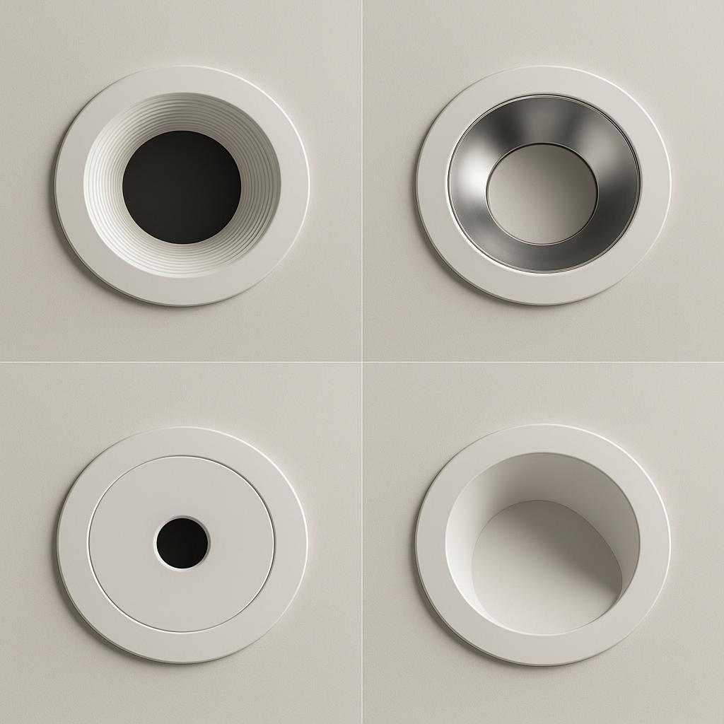 Common recessed downlight trim types: baffle, reflector, pinhole, and wall-wash