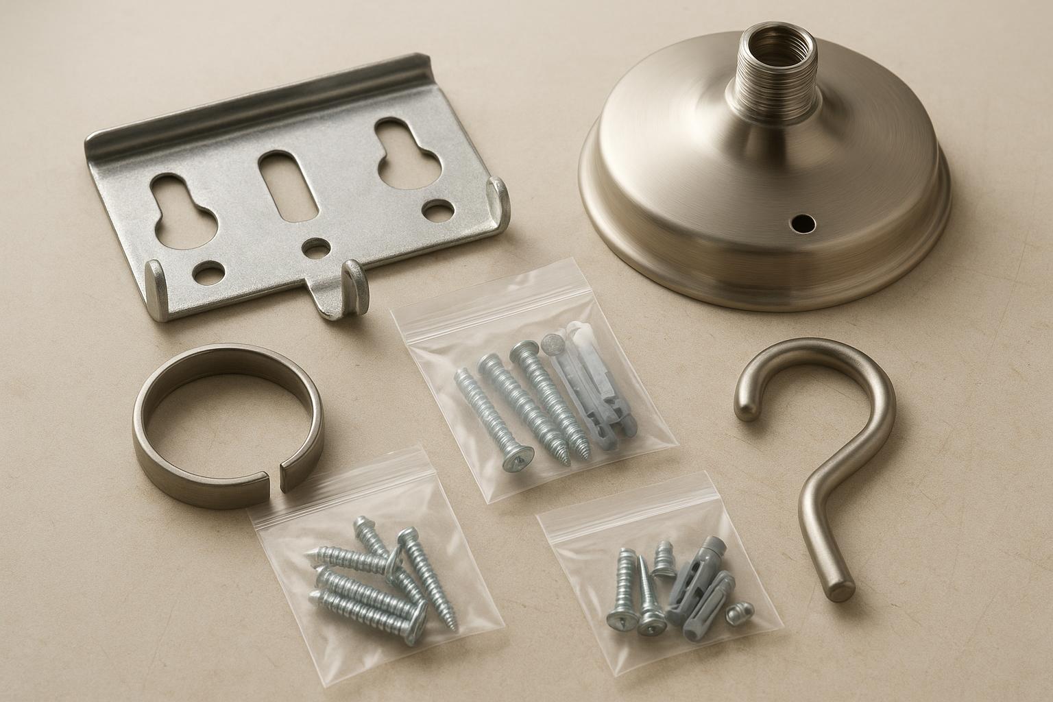 Install-friendly chandelier mounting bracket and hardware kit laid out for a quick install