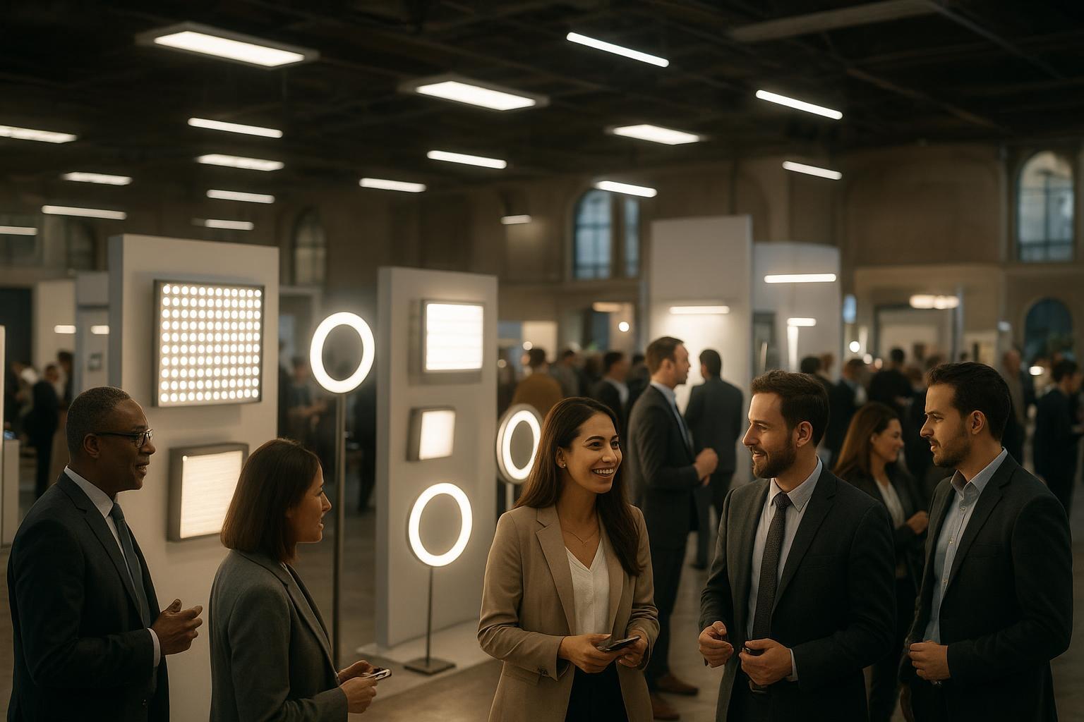 A modern lighting trade show hall with LED fixtures on display and distributors meeting suppliers