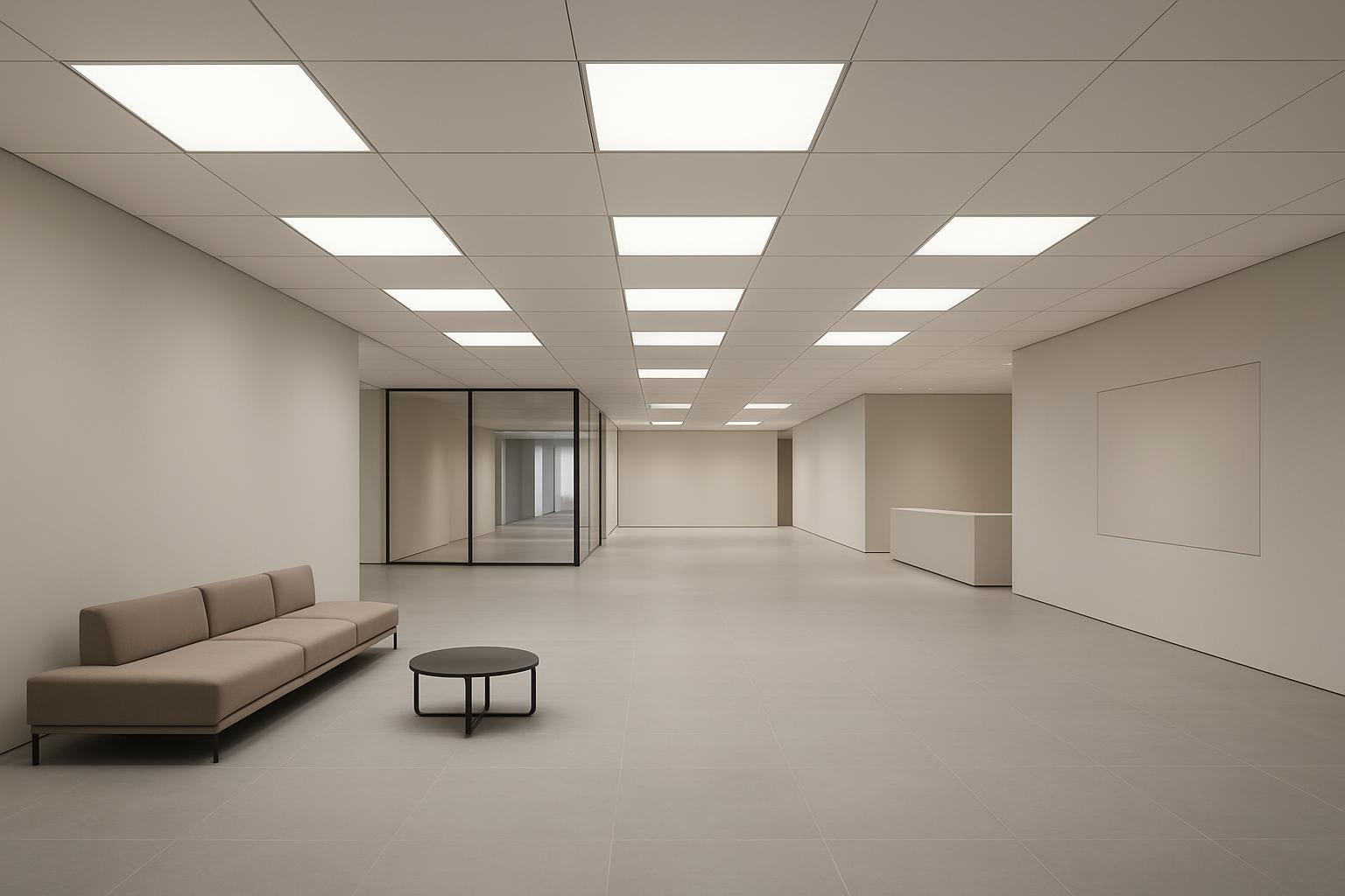 Modern indoor space with clean ceiling panel lighting, wide shot